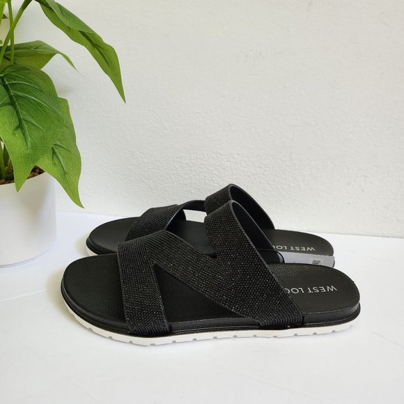 west loop Shoes - West Loop Women's Casual Slip-on Glitter Slide Sandals, Black